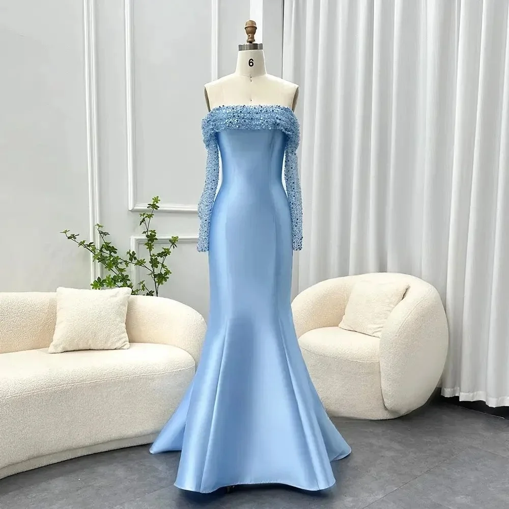 Off-shoulder haze blue satin mermaid evening gown with lace long sleeves, fully Customized sizes available. Smooth fabric shapes