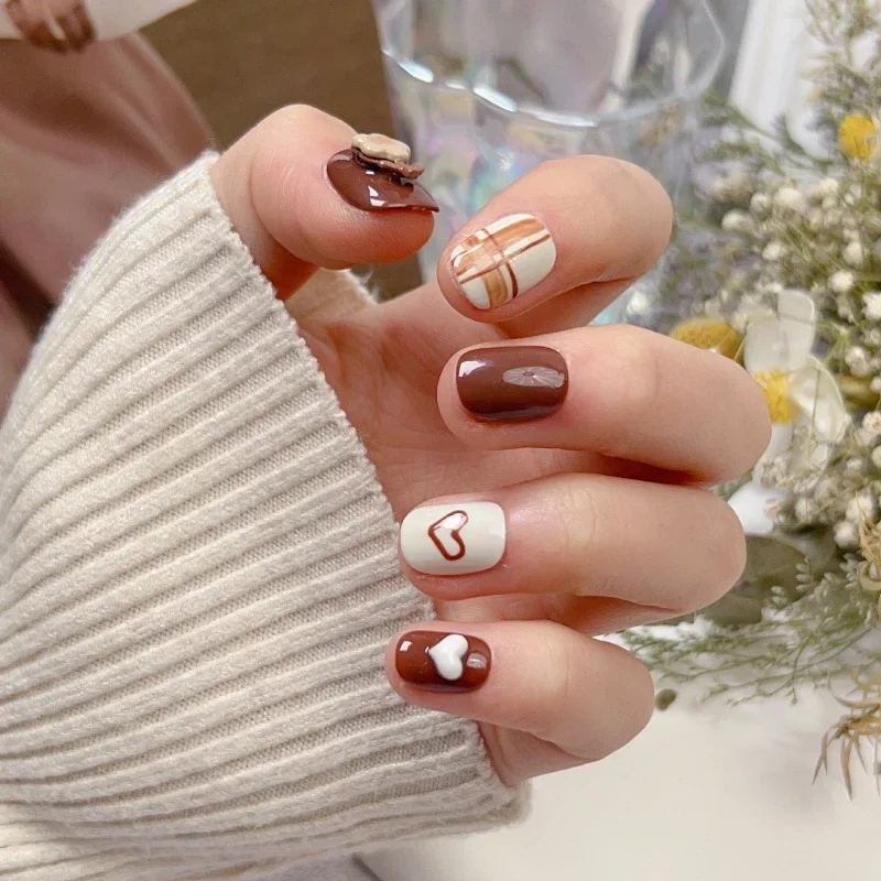 10pcs Press-On False Nails Brown Handmade with 3D Flowers and Hand-drawn Hearts Grid Pattern Short Full Cover for Women & Girls