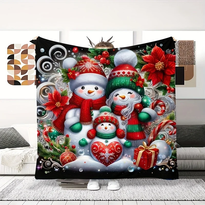Christmas Digital Print Flannel Throw Blanket, Geometric Pattern, Cover for Sofa and Bed, Mixed Colors, Contemporary Style