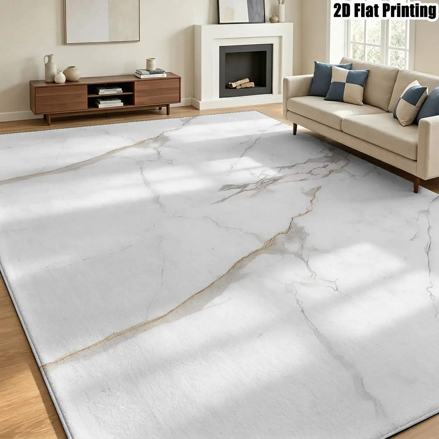 1Pc 2D Printed White Marble Texture Nordic/Instagram Style Modern Minimalist Geometric Striped Carpet, Multi-Size Machine Washable, Ideal for Home Decor, Entrance, Dining, Bedroom, Living Room