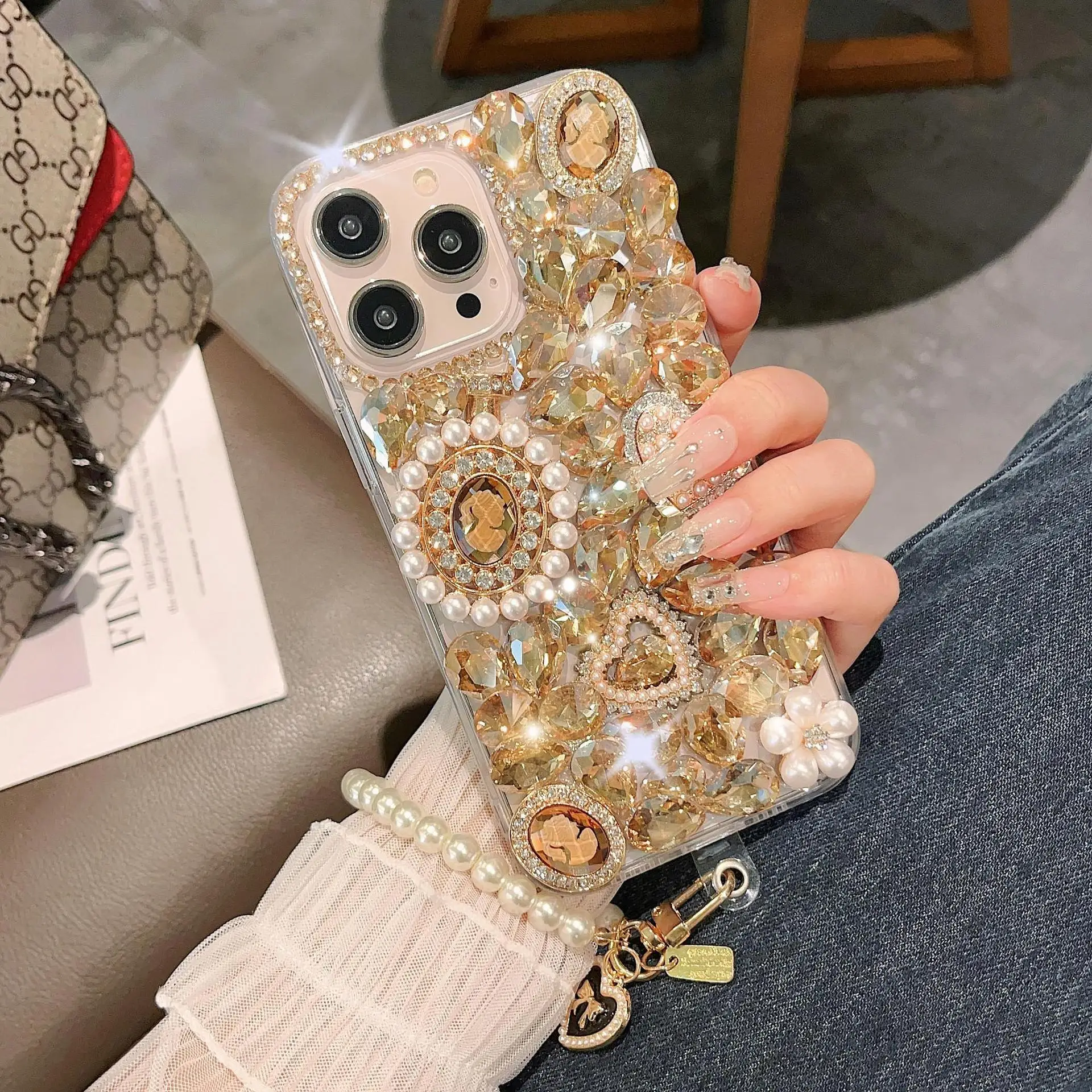For iPhone 15 Pro Max Bling Diamond Pearl Chain Phone Case For iPhone 15 Pro max Glitter Rhinestone Cover image 3