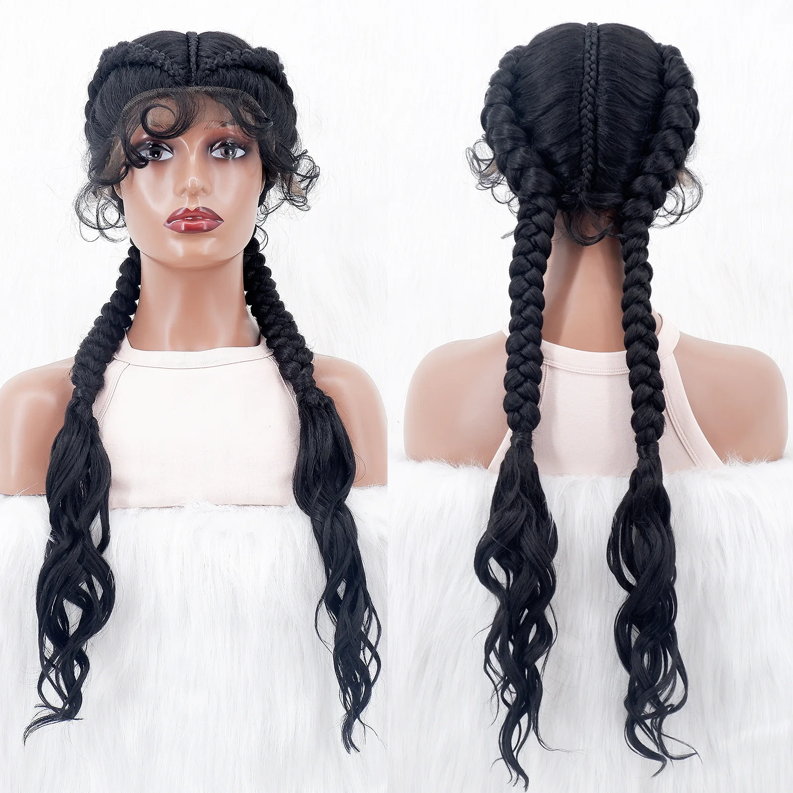 Synthetic Braided Wigs Lace Part Hair Wig with Curly End Wig For African Woman Afro Frontal Cornrow Twist Boxing Braided Wigs