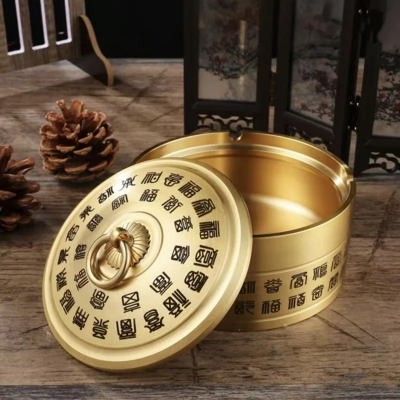 

Gold Feng Shui Hundred Blessings Ashtray - Pure Copper/Brass Material, Exquisite Workmanship, Meaningful Gift&Desktop Decoration
