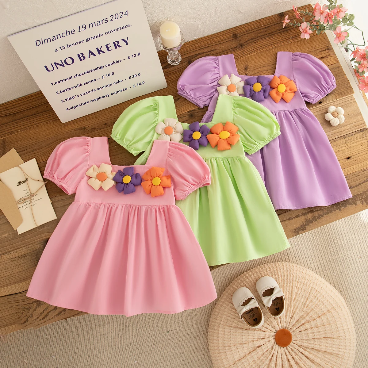 Baby Clothes Girl Summer Floral Pattern Solid Color Square Neck Bubble Sleeve Girl Kid's Dress Cute Simple Baby Girl Dress