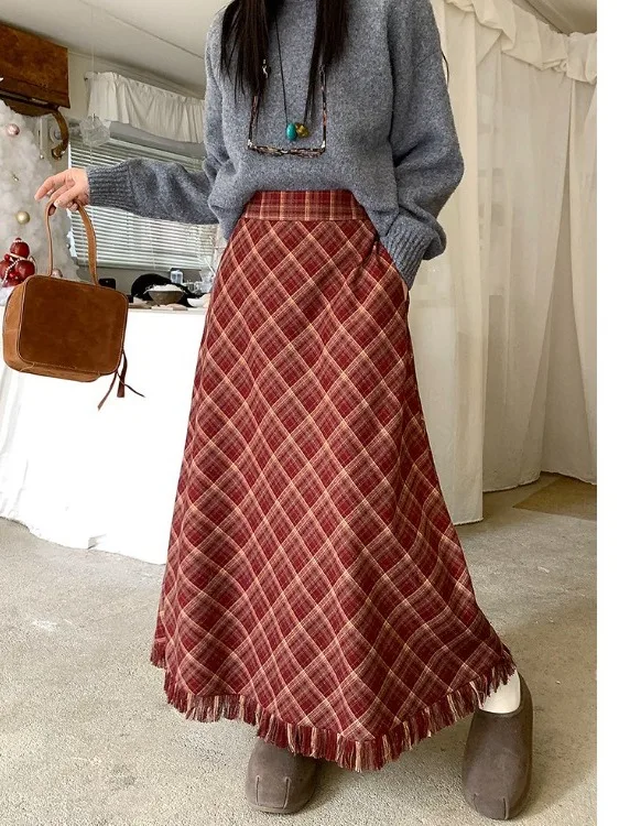 

Женская юбка миди А-силуэта больших размеров с бахромой, новая зимняя модель в корейском стиле, яркая, повседневная, с завышенной талией