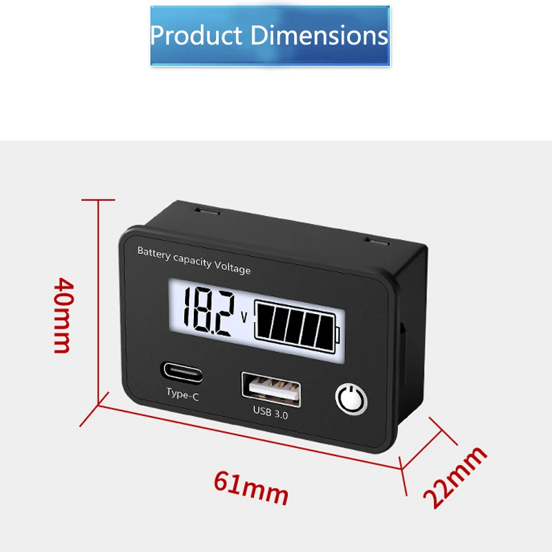 DC8-30V Battery Capacity Indicator Lead-Acid/Lron-Lithium/Ternary Lithium Measurement with USB3.0 and Tpye-C for Car Motorcycle