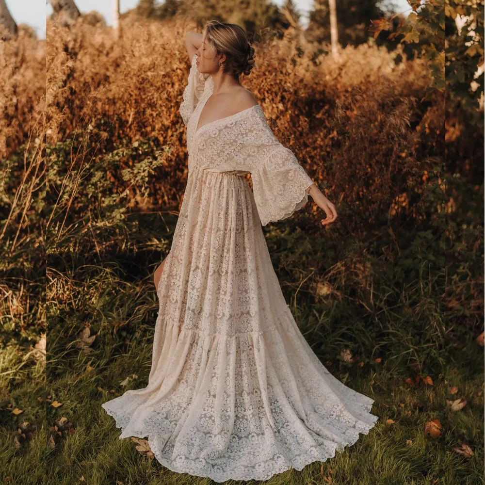 Bohemian Photo Shooting Pregnancy Dress Cotton Thread Lace Embroidery Transparent Mesh Elegant V-neck Long Sleeved Dress For Wom