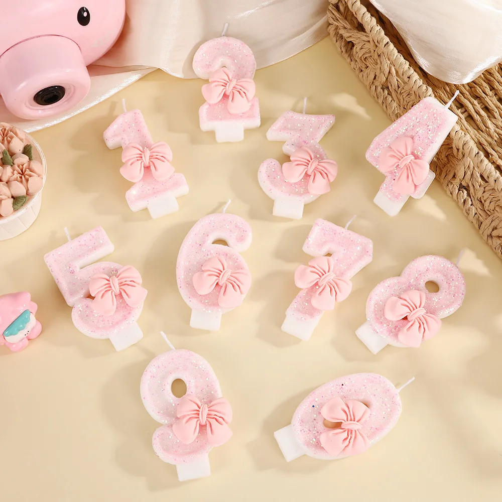 Cute Pink Bow Princess Number Children's Birthday Candle Decoration Cake Atmosphere Arrangement Insert