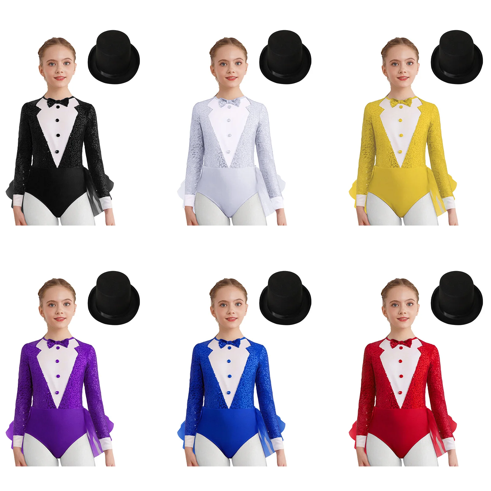 

Kids Girls Jazz Waltz Dance Performance Leotards Costume Sparkly Sequins Tulle Skirted Bodysuits Magician Circus Ringmaster Set