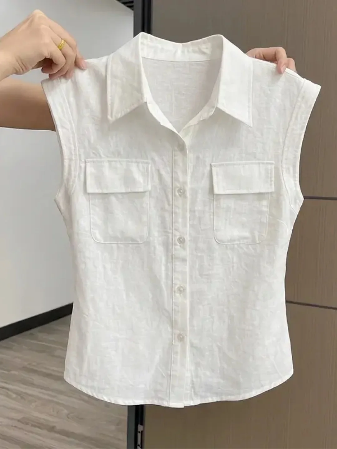 White  Collar Sleeveless Shirt Women's plus Size Korean Style Summer Commute Loose Fit  Color Button up Top
