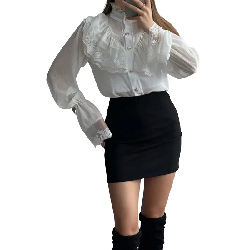 

ABRT-Women's Elegant Ruffle Shirt Long Sleeves Neckline Button-Up Victorian Style Shirt Top