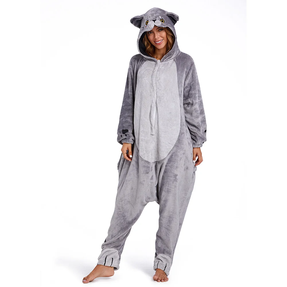 Tier Pyjama Cartoon Katze Cosplay Kostüm Frauen Männer warm Flanell Kapuze Overall Nachtwäsche Outfit Halloween Karneval Party Anzug