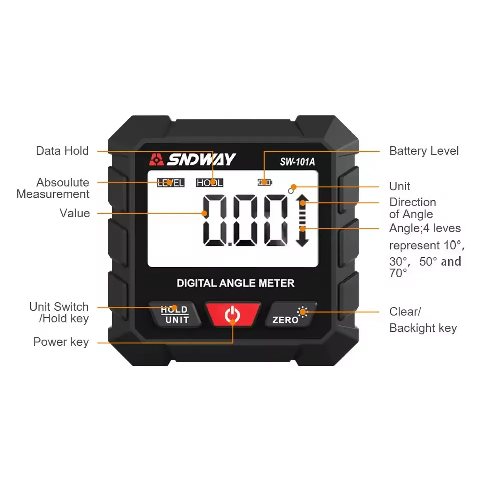 SNDWAY Digital Inclinometer High Precision Electronic Angle Ruler Portable Level Protractors Electronic 4x90° Angle Meter SW-101
