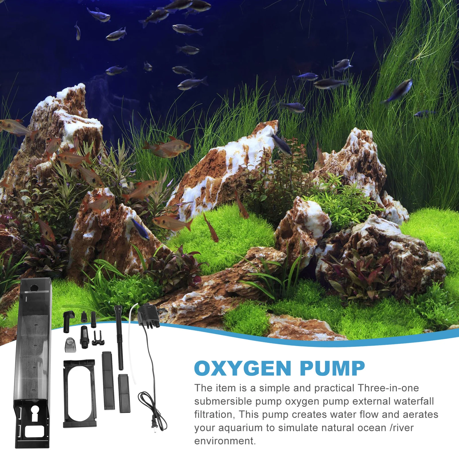 

3 in 1 Submersible Pump Aquarium Filter for 53-80cm Open Fish Tank Silent Oxygen Pump Waterfall Filtration Magnetic