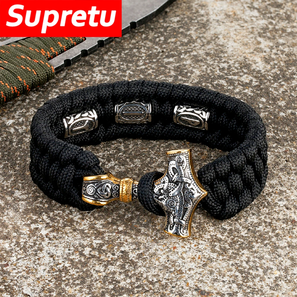 Norse Runes Viking Thor's Hammer Survival Bracelets Men Stainless Steel Outdoor Camping Wristband Handmade Braided Charm Jewelry