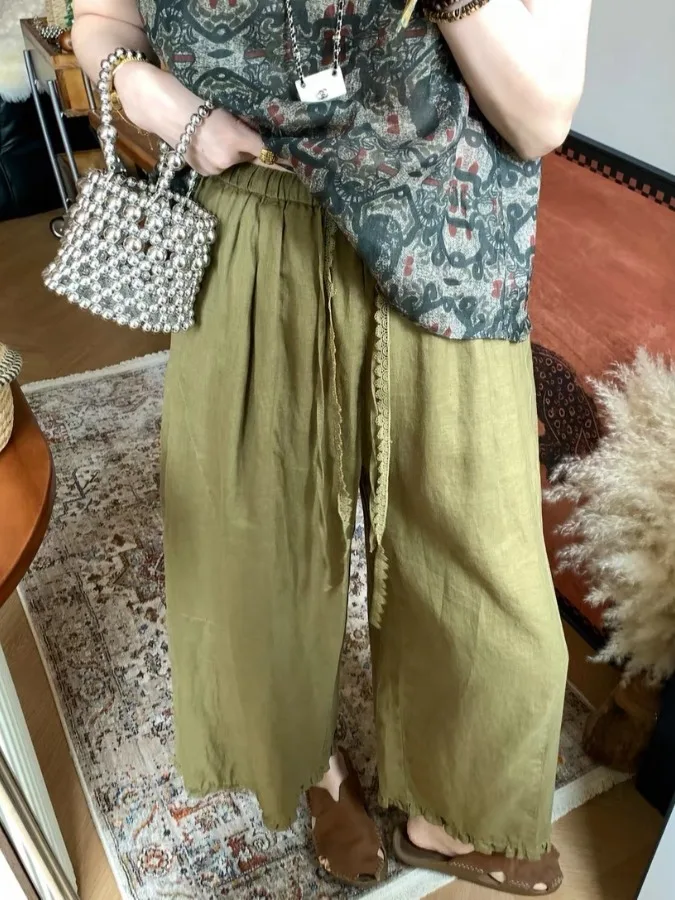 Loose Casual Lace Balloon Pants Women's High Waist Wide Leg Pants Vintage Style Nine Points Drawstring Knot Grommet Hem