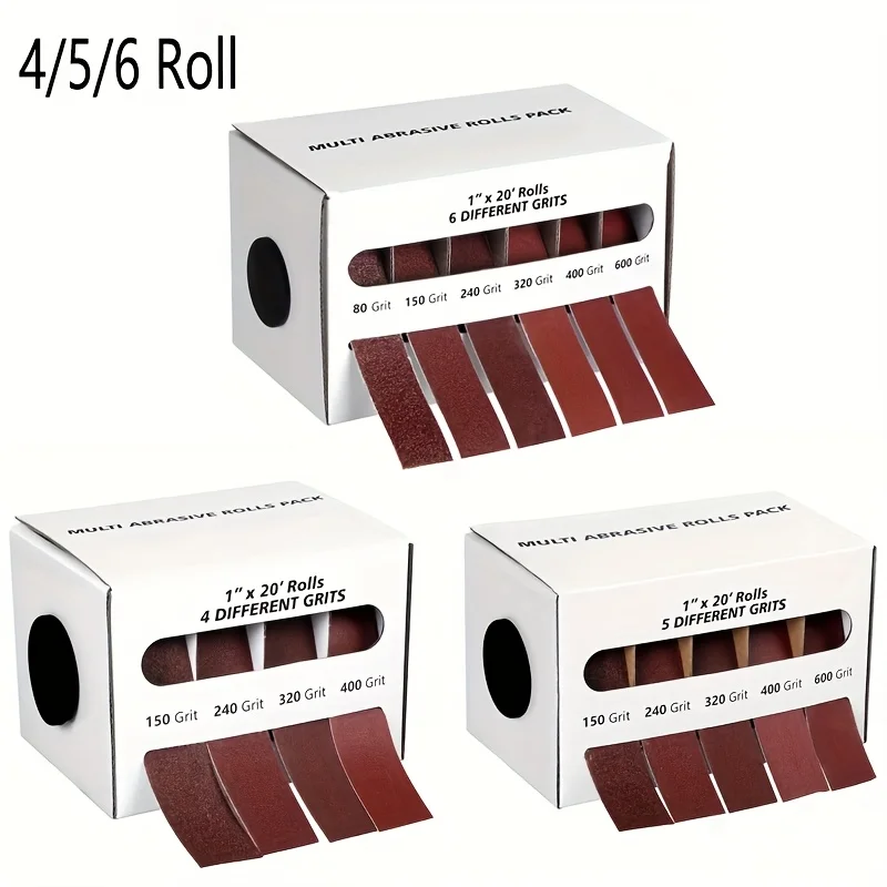 

Aluminum Oxide Sandpaper Rolls with Dispenser - 4/5/6pcs of Different Grits 80, 150, 240, 320, 400, 600 - Emery Cloth Roll Pack