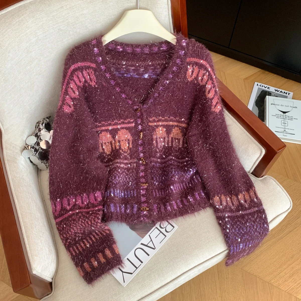 

Женский фиолетовый кардиган с v-образным вырезом, свитер Y2k, винтажный элегантный джемпер 2000-х годов, вязаный свитер с градиентом и длинными рукавами, осень-зима 2025
