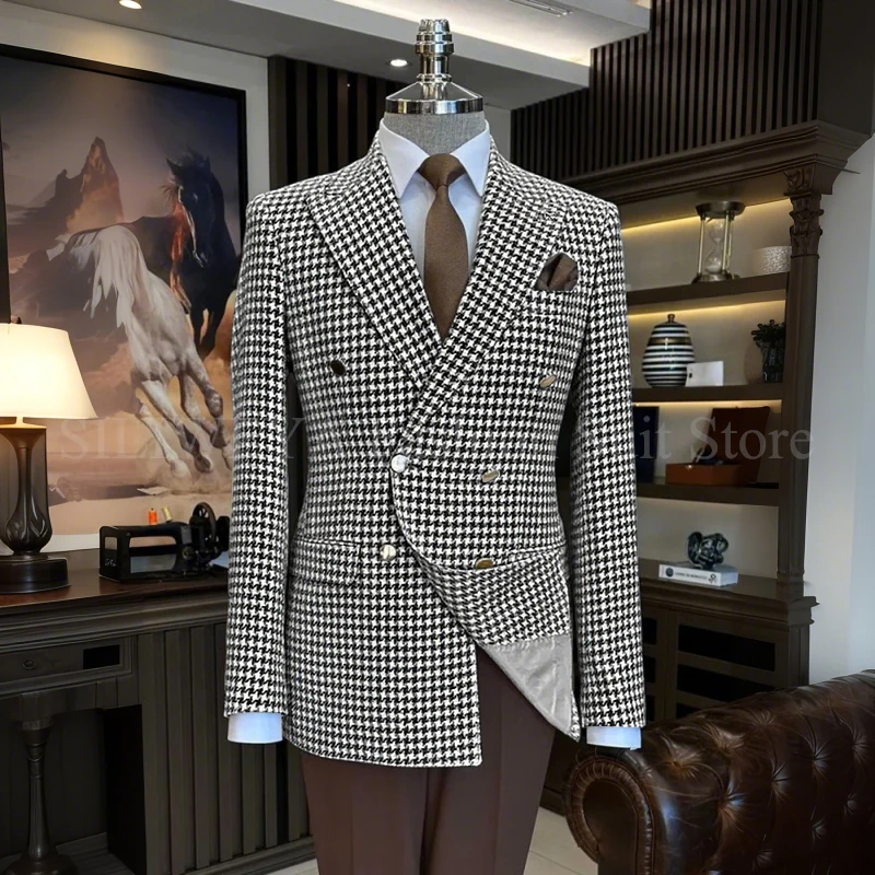 Mode Notched Revers Plaid Pakken Mannen Twee Stukken Double Breasted Blazer Bruine Broek Formele Party Tuxedos - afbeelding 1