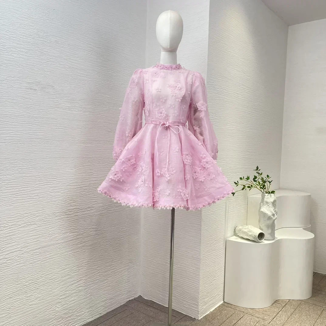 New High Quality Silk Linen Sweet Hand Work Flowers Appliques Long Sleeve Lace-up Belted Women White Mini Dress for Party