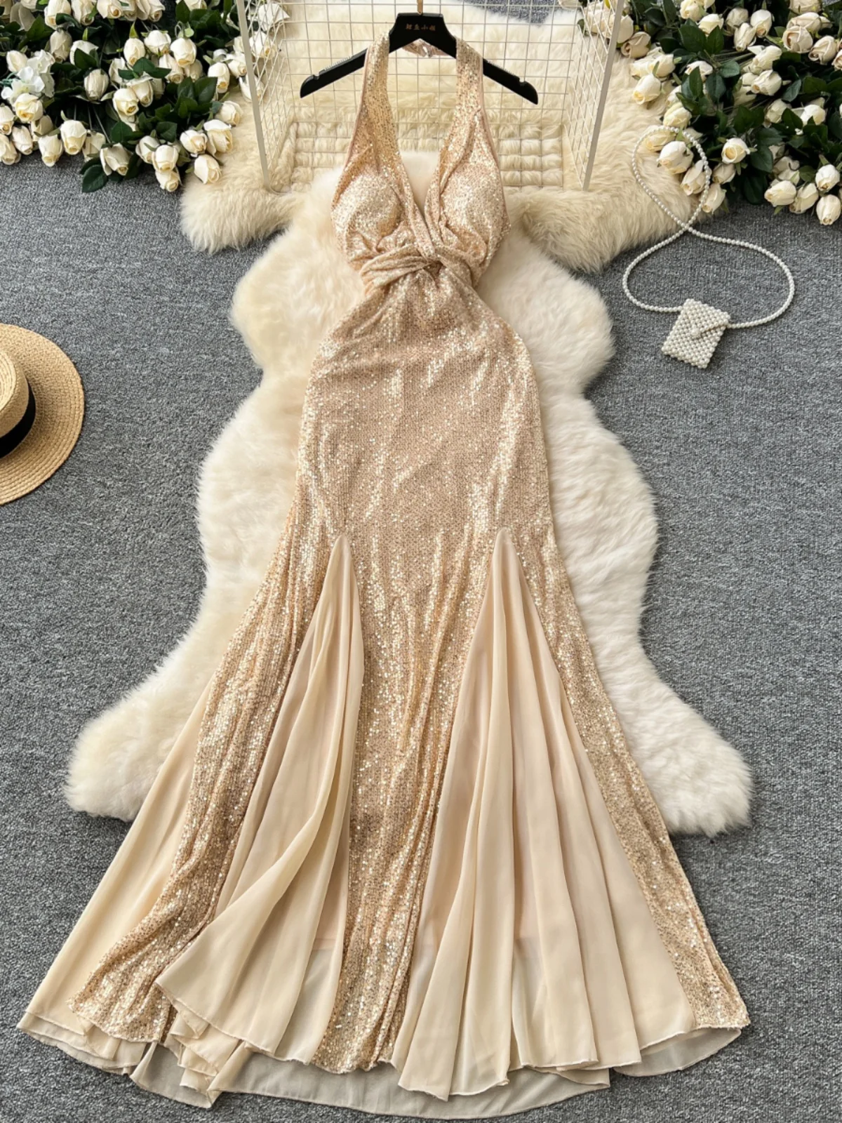 

Ele Evening Gown Sexy V-Ne Off-oulder Sequin Fi-Tail Slimming Long Dr for Host High-End Premium Commute Sle