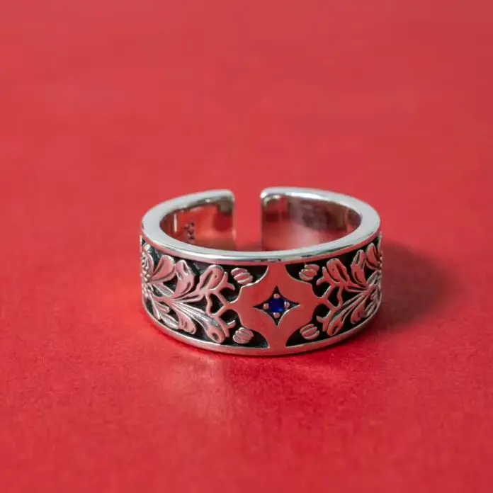 S925 Sterling Silver Personalized Retro National Style Tang Grass Pattern Double Opening Open Wide Face RingMen and women punk j
