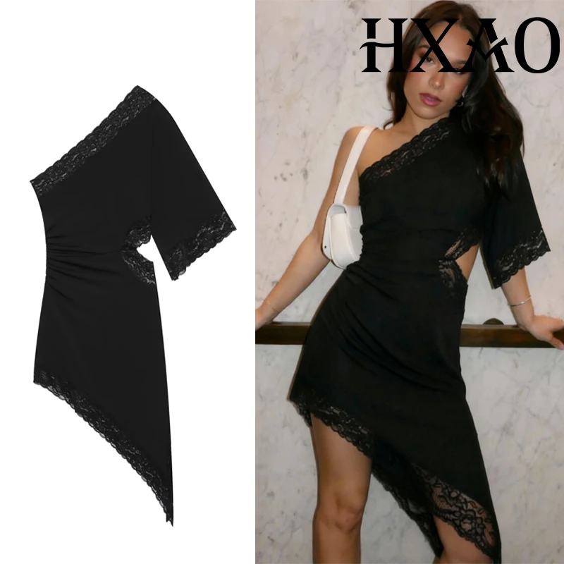 HXAO 2026 Asymmetrisches schwarzes Kleid mit Ausschnitten, Mini-Spitzenkleid, Damenkleid, figurbetont, One-Shoulder, Sommerkleider, sexy Partykleider