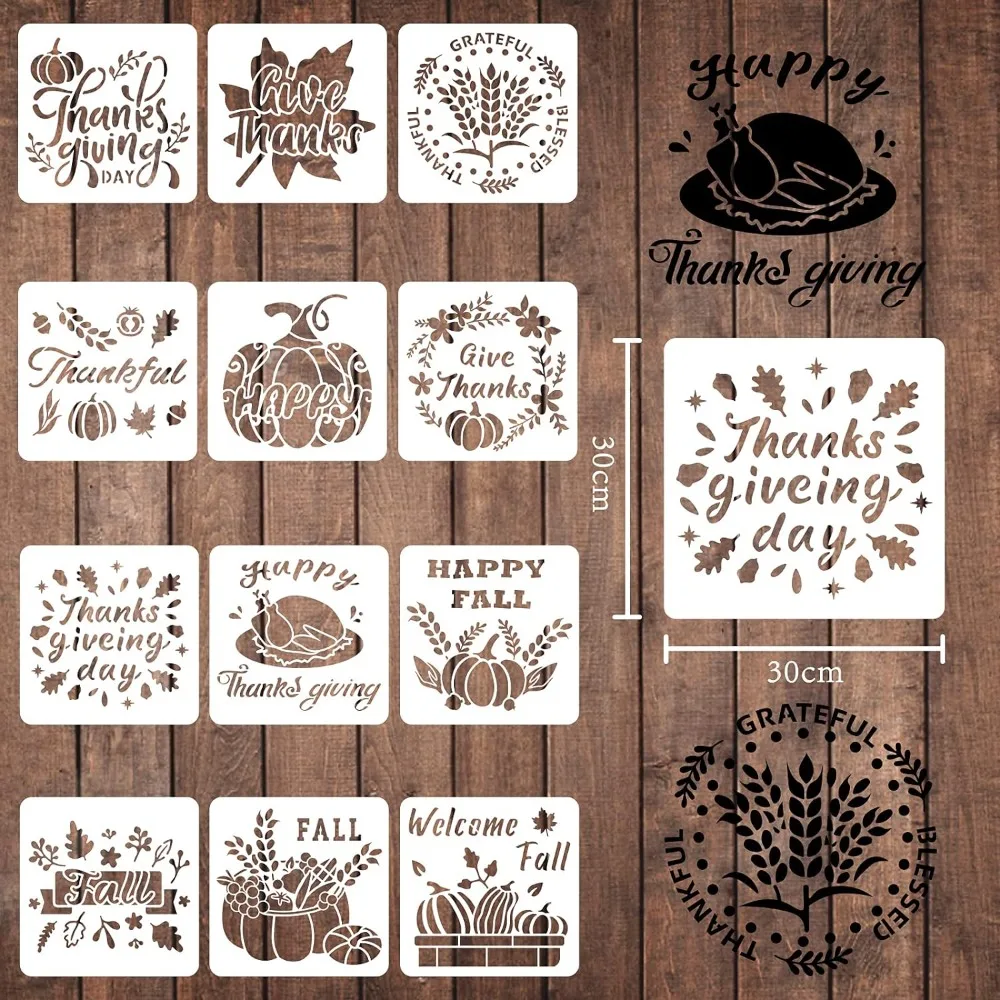 12 Pcs Fall Thanksgiving Stencils Drawing Painting Templates Sets 11.8x11.8inch Plastic Drawing Painting Stencils Scale Template