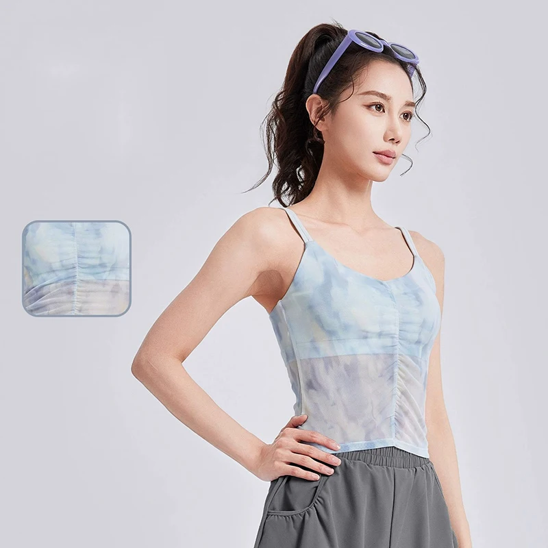 2026 Women Chinese Style Printed Yoga Vest with Fixed Chest Pads Mesh Comfortable Breathable Sexy Racerback Yoga Tank Top