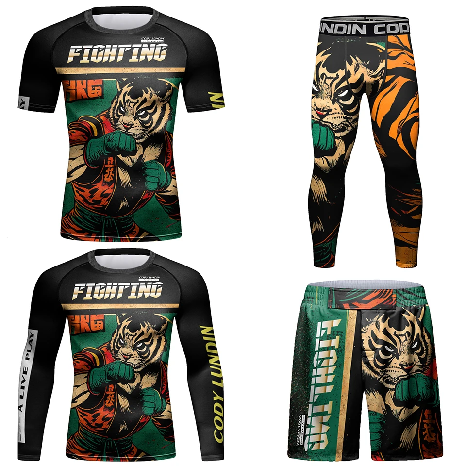 Boxing Sportsuits MMA Rashguard T-shirt+Shorts 4pcs/set Muay Thai Suit Bjj Kickboxing Men Competition Sport Training Combat Wear