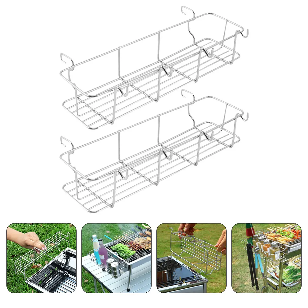 

2Pcs BBQ Baskets Stainless Steel Grill Side Basket Spice Rack Outdoor Picnic Storage Rack Camping Cookware Holder