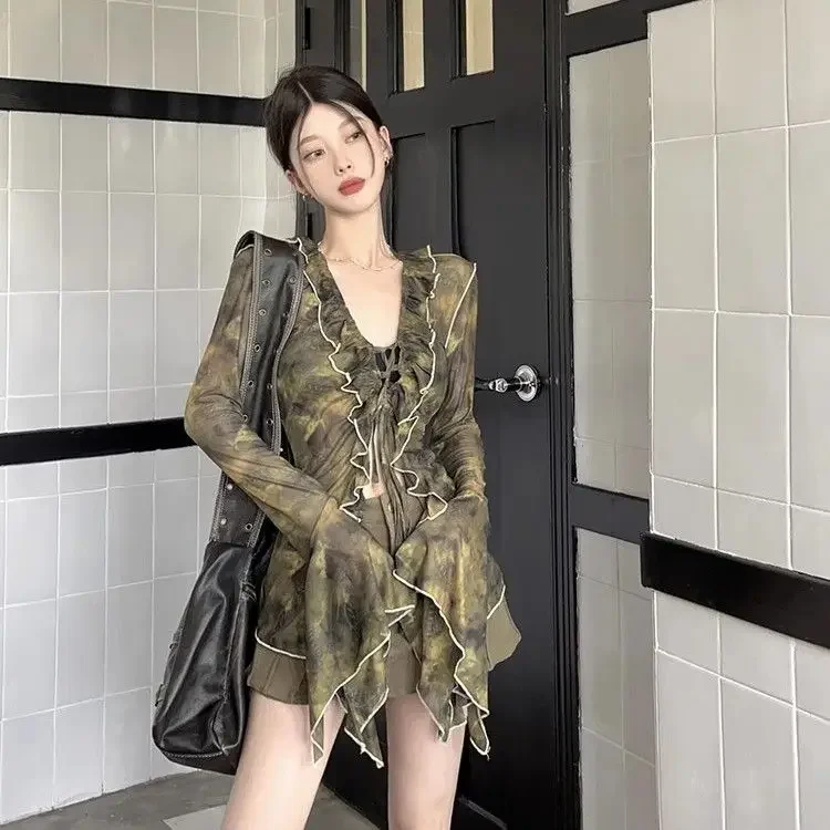 フリル V ネックフレアスリーブ女性シャツスリムヴィンテージ原宿ブラウス Y2k 美的タイダイグランジエレガント Blusas Mujer デモーダ