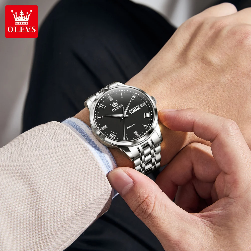 OLEVS 7062 New Man Watch Waterproof Stainless Steel Dual Calendar Automatic Watch for Men Original Luxury Mechanical Wristwatch