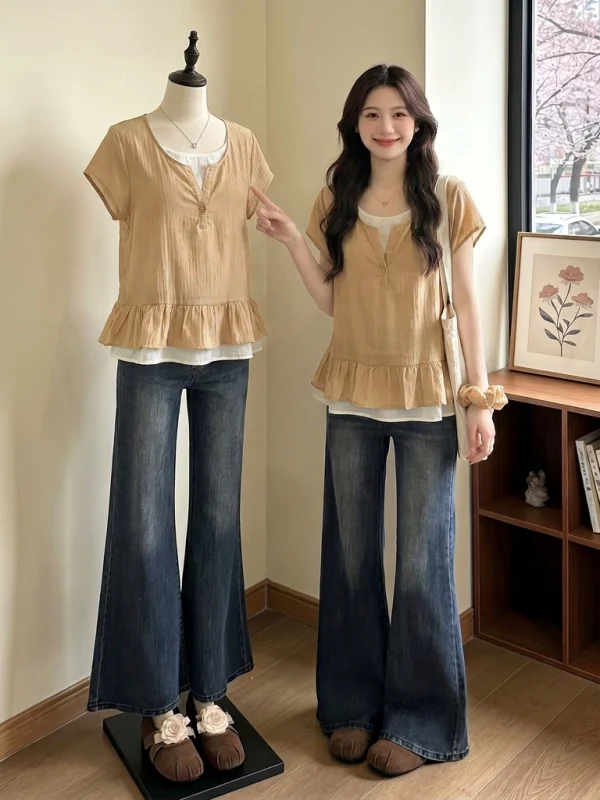 

V-Neck Short Sleeve Women's Shirt Korean Style Commute Loose Fit Regular Thickness Summer New Arrival plus Size Doll Shirt Top