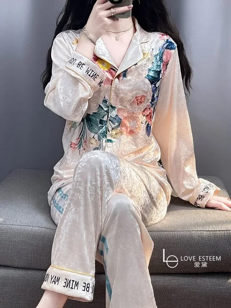 Print floral sleepwear women pajama sets long sleeve long pants velvet nightwear high-end luxury designer clothing homewear sets