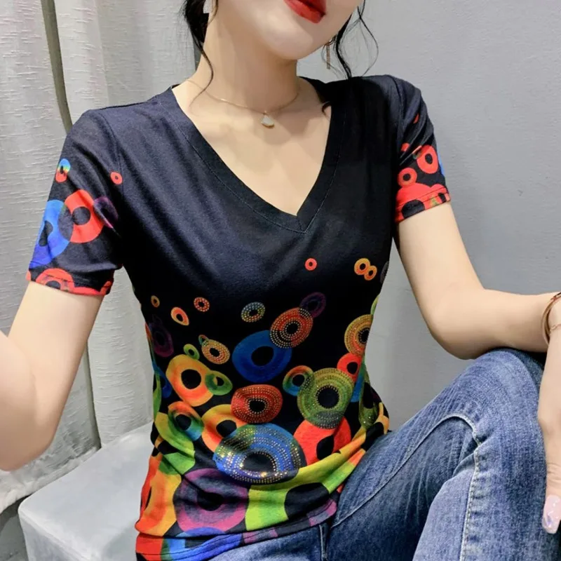 

#5534 Green Black Printed T Shirt Women V-neck Sexy Skinny T Shirt Female Short Sleeve Summer Casual Vintage T Shirt Diamonds