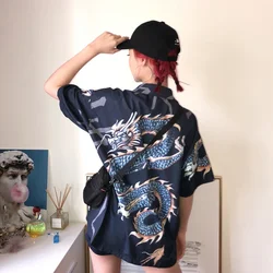 2023 Spring Summer Harajuku Women blouses BF oversize Fashion Streetwear Tops Brand design Dragon Print Short Sleeve Shirts