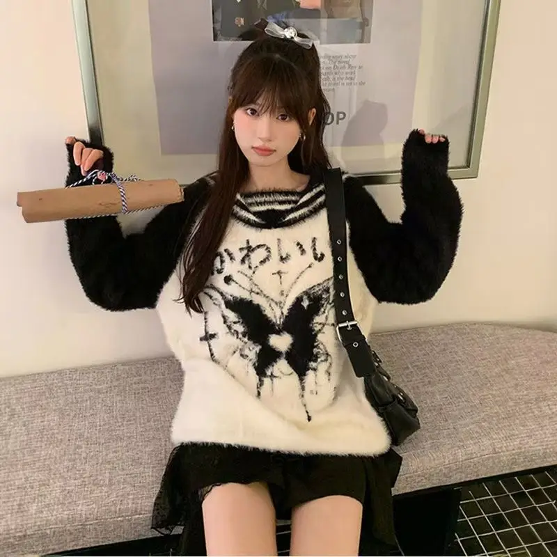 سترات نسائية على طراز ديبتاون بريبي كاواي على الطراز الياباني بياقة بحاري سترات هاراجوكو بلوفرات محبوكة دافئة كبيرة الحجم #2