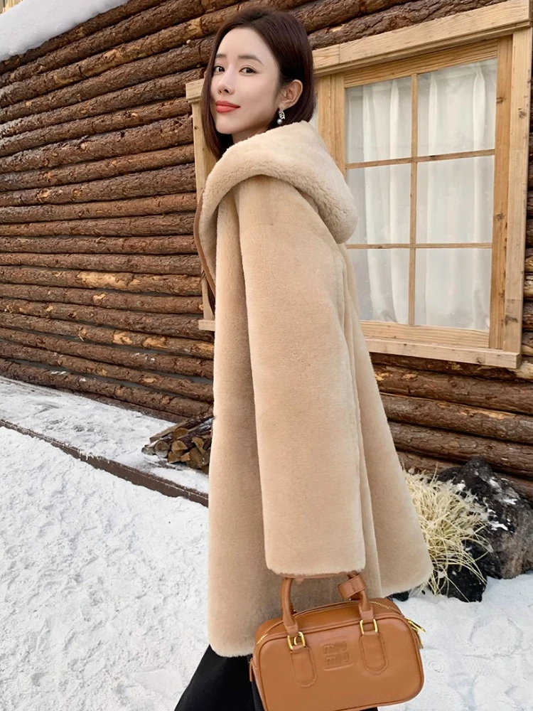 Mid-length Hooded Merino Sheep Fur Jackets Women High-end Simple Double-sided Wear Design Winter Genuine Leather Real Fur Coat
