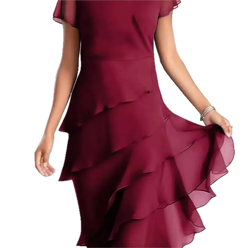 Boho vestido feminino verão moda o pescoço manga curta sólida chiffon em camadas bainha babados bolo festa midi vestidos para mulher novo