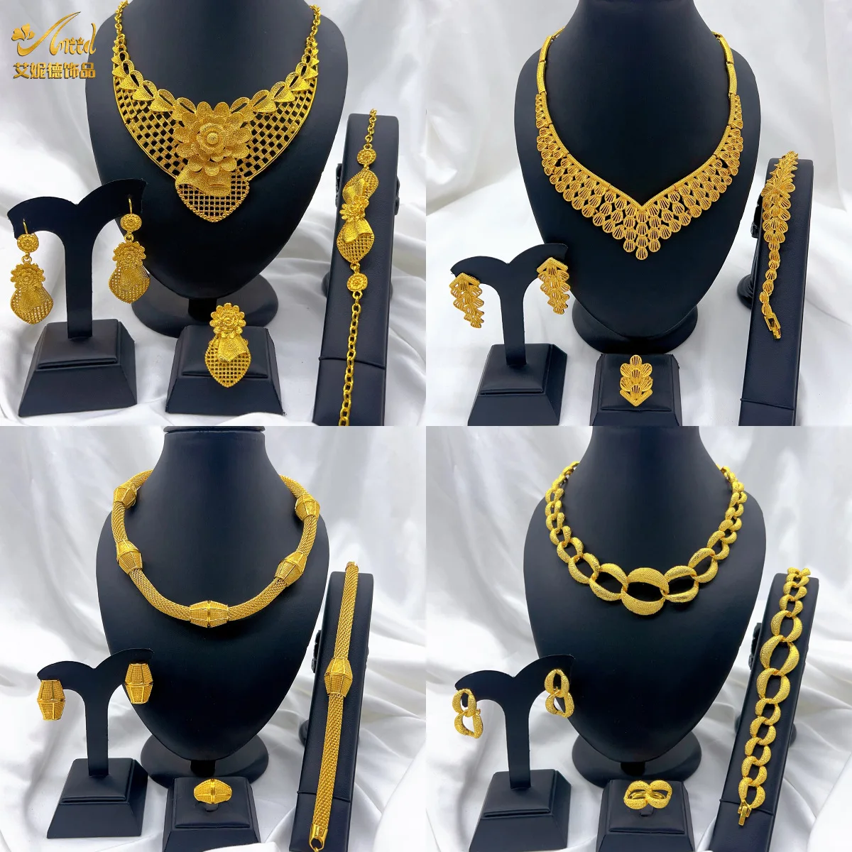 

Women Irregular 3D Minimalist Luxury Necklace Bracelet Earrings Ring 4-Piece Set 24K Gold AU999 - Exclusive, fine 3D craft