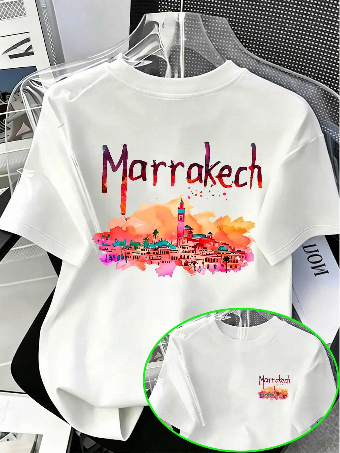 Marrakech Morocco Watercolor Skyline Print Women T-shirt Casual Travel Tee Comfortable Breathable 2026 New Style Women Clothing