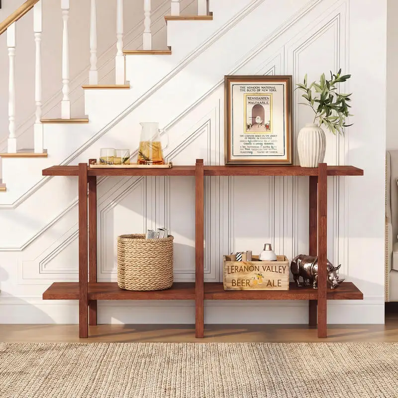 

2-Tier Wood Bookshelf Low Horizontal Rubberwood Bookcase for Display-Walnut