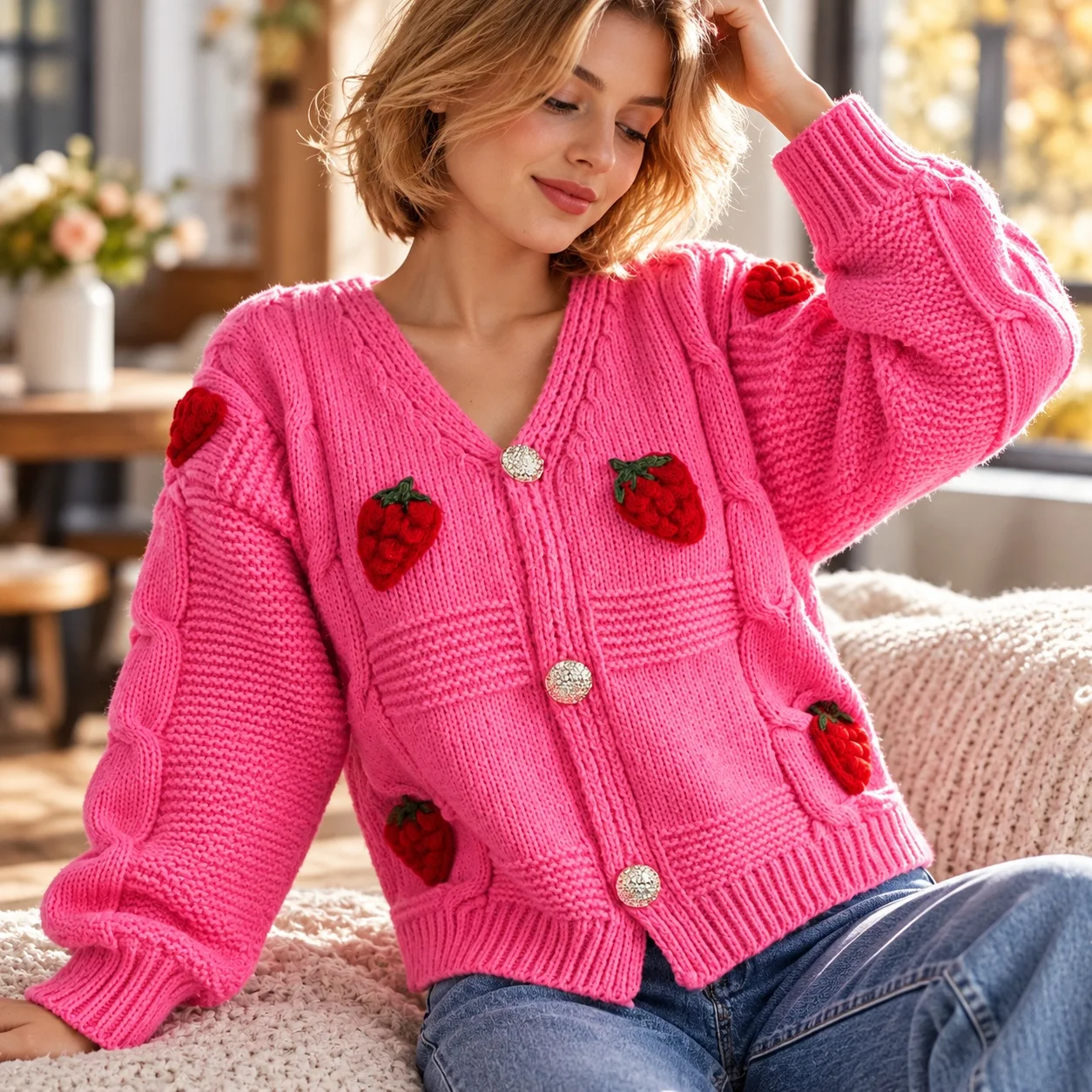 Loose Fit Button Front Sweater Cute with Long Sleeve V Neck Thick Regular Length Three Button Closure Cardigan for Women