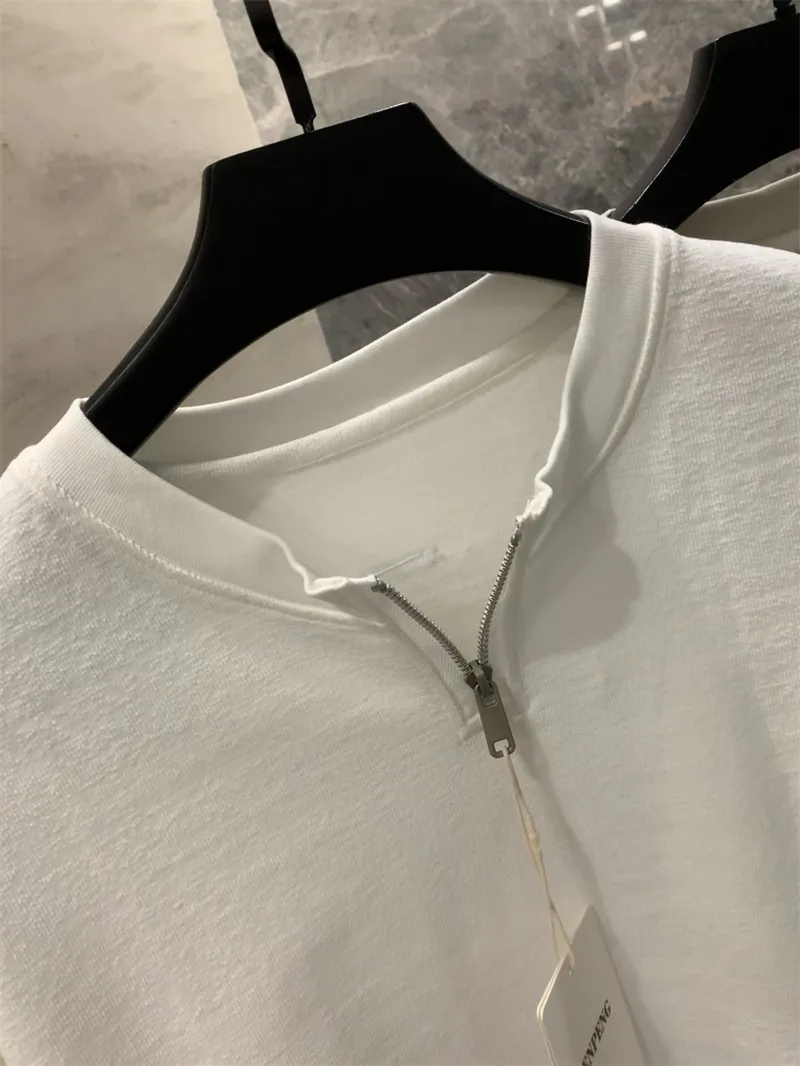 High-End Texture Men's Loose Casual round Neck Long Sleeve T-Shirt Zipper Design Breathable Comfortable Cotton Polyester Blend