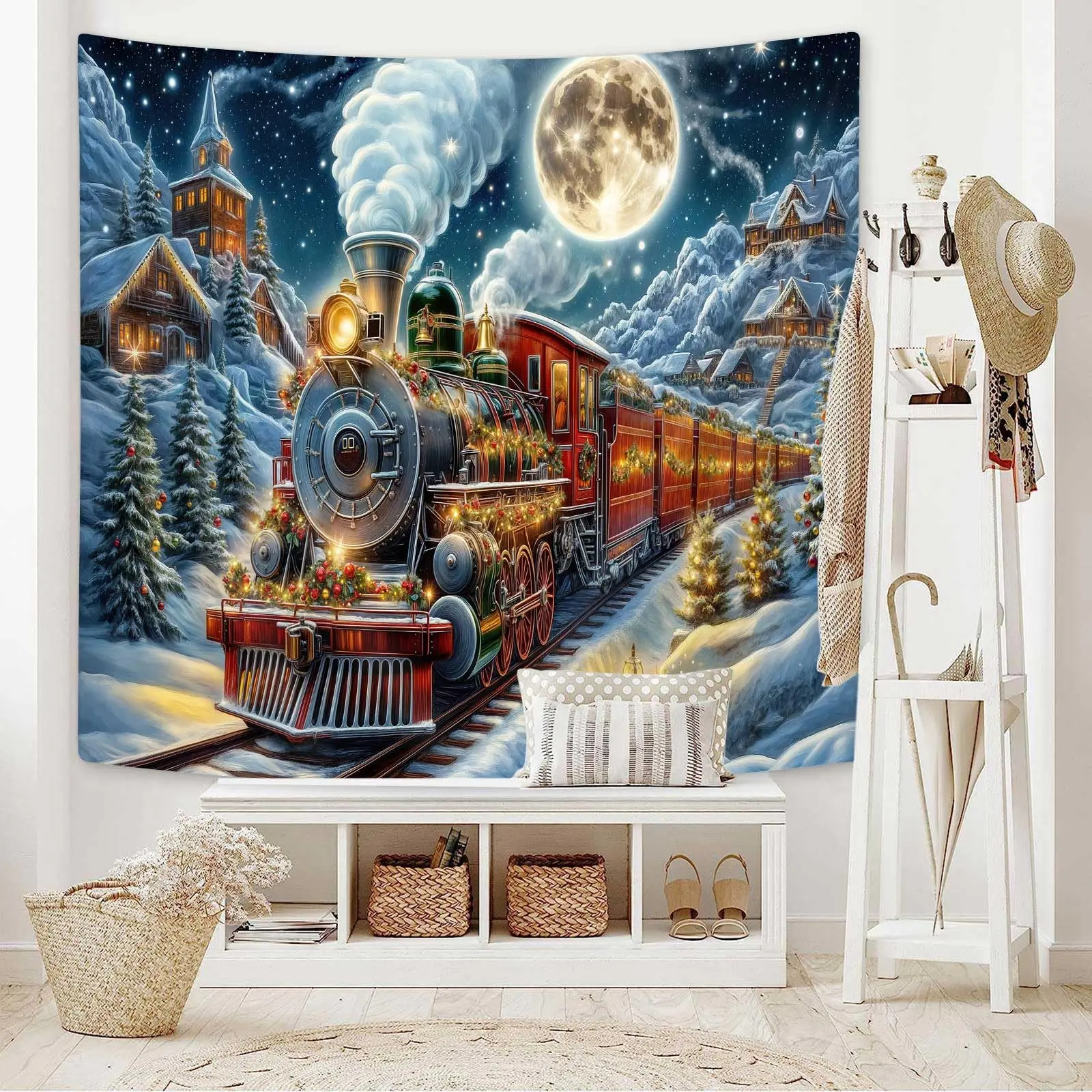 VIKAMA Christmas Steam Train Snowy Village Moon Wall Tapestry Winter Holiday Home Decor Cozy Soft Durable Aesthetic Gift Indoor