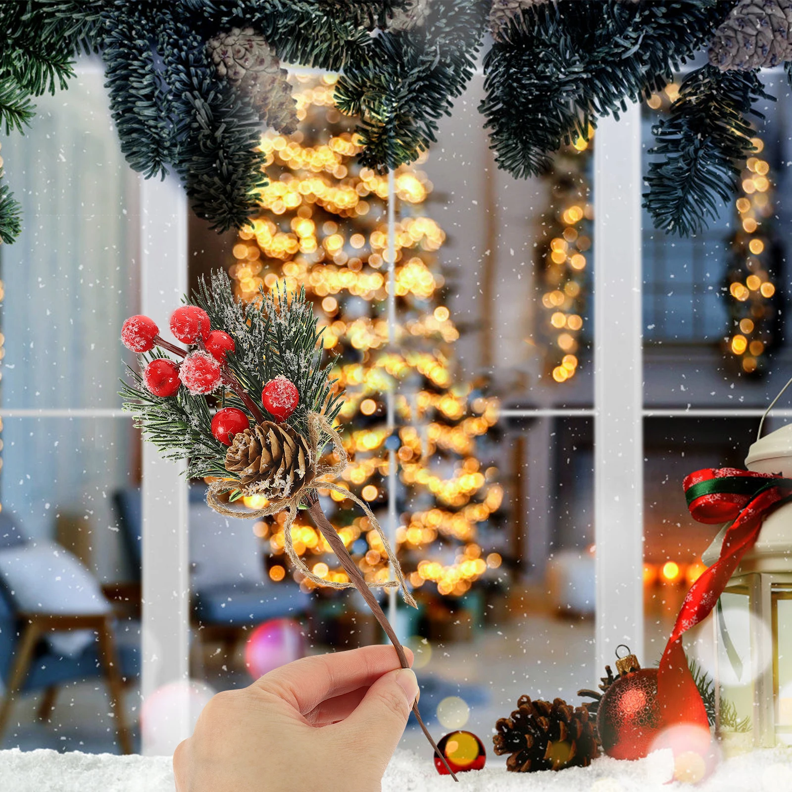 

10pcs Christmas Tree Ornaments Simulation Berry Picks Artificial Pine Stems For Diy Floral Arrangement Xmas Party Decor