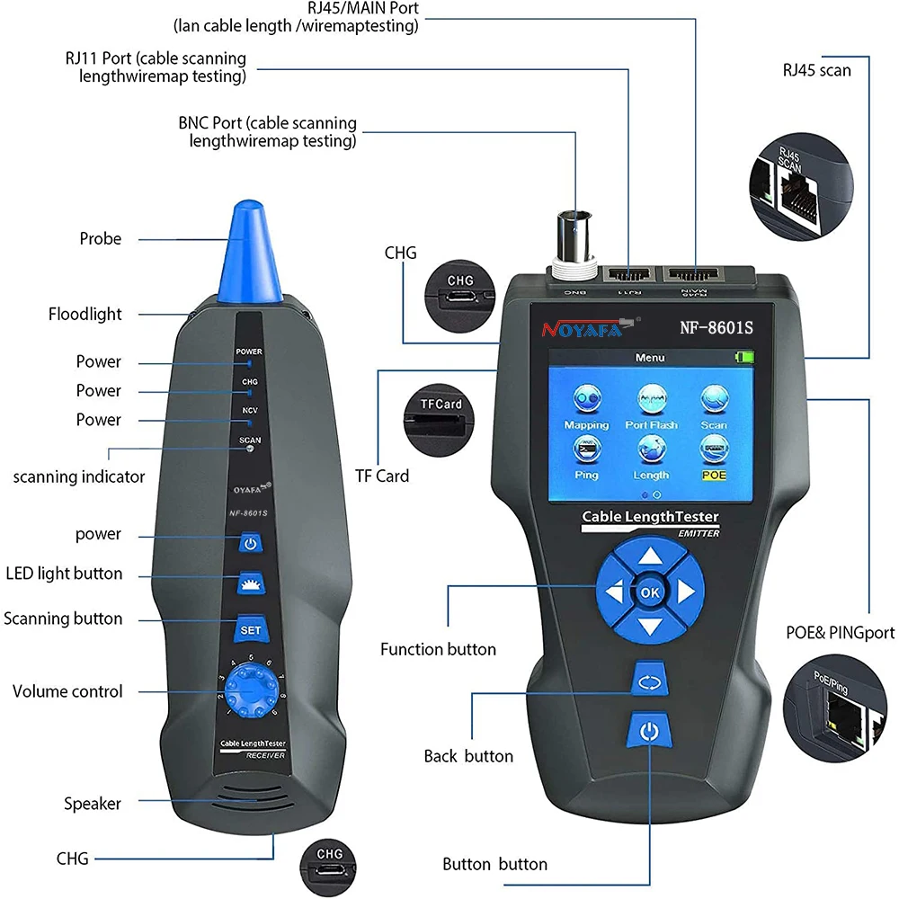Imagem -06 - Noyafa-multifuncional Rede Cabo Tester Rj45 Cat6 Rede Cabo Tracker Poe Ping Porto Display Lcd Medir o Comprimento Wiremap Nf8601s