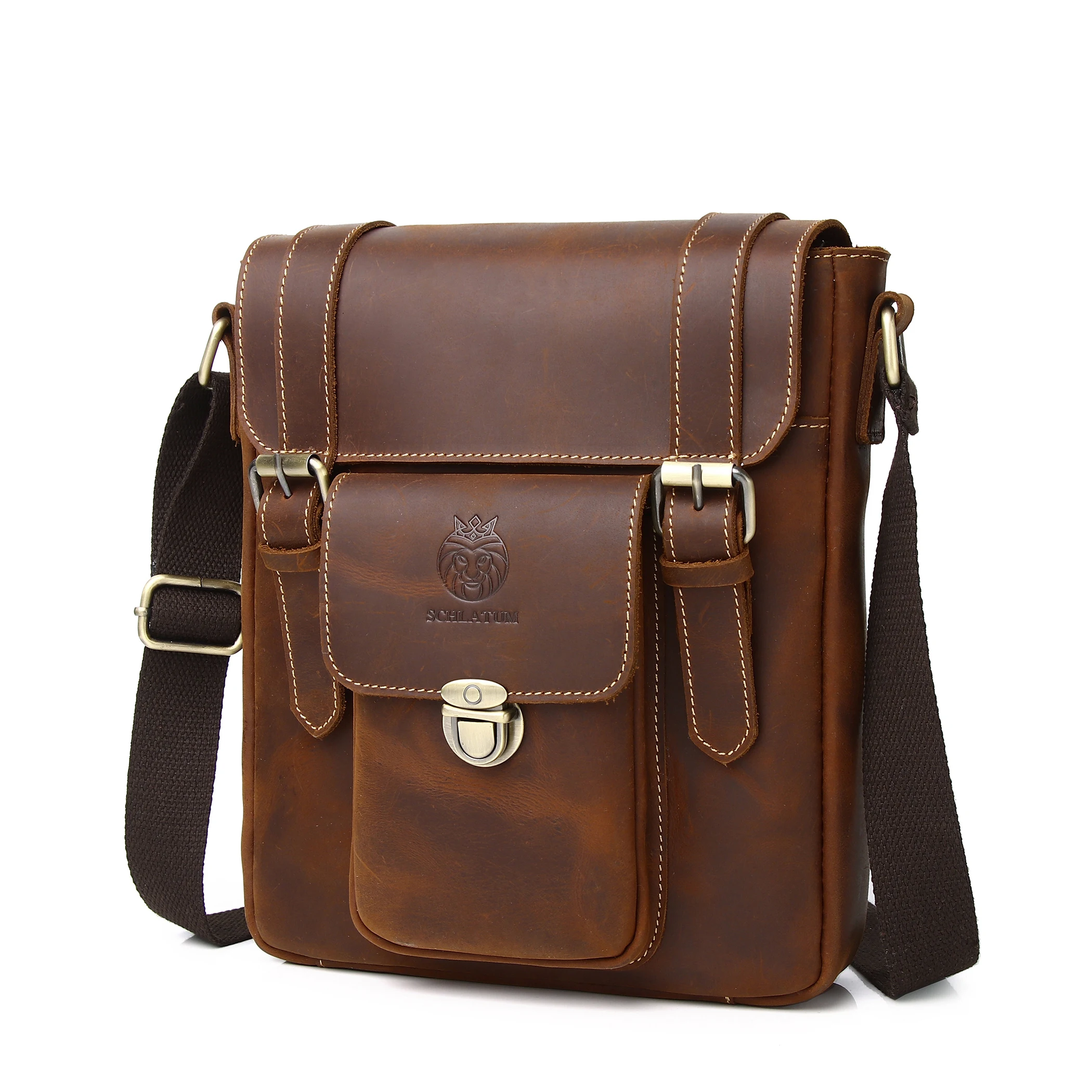 SCHLATUM-Saco Crossbody Marrom De Couro Genuíno Vintage para Homens, Crazy Horse Messenger Bags, Bolsa De Ombro De Moda De Qualidade