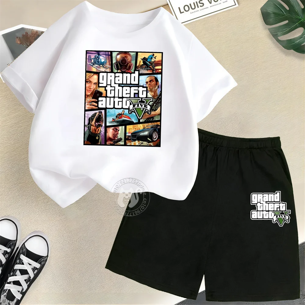 Grand Theft Auto GTA 5 Children\'s Short Sleeve Set Boys Girl Round Neck T-shirt+shorts Leisure Cotton Summer fashion Clothing